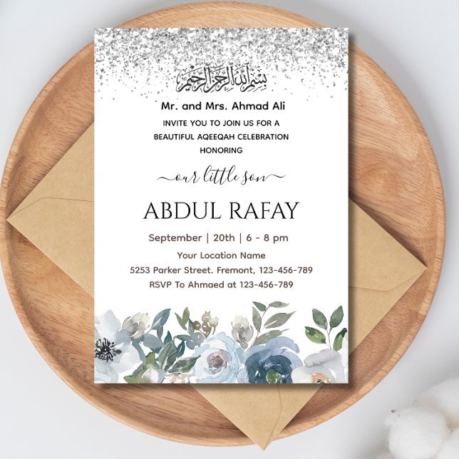 Dusty Blue Floral Islamic baby boy Aqiqa Aqeeqa  Invitation (Creator Uploaded)