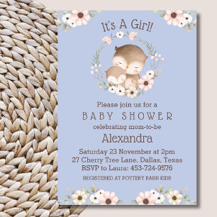 Dusty Blue Floral It's a Girl Owl Baby Shower Invitation
