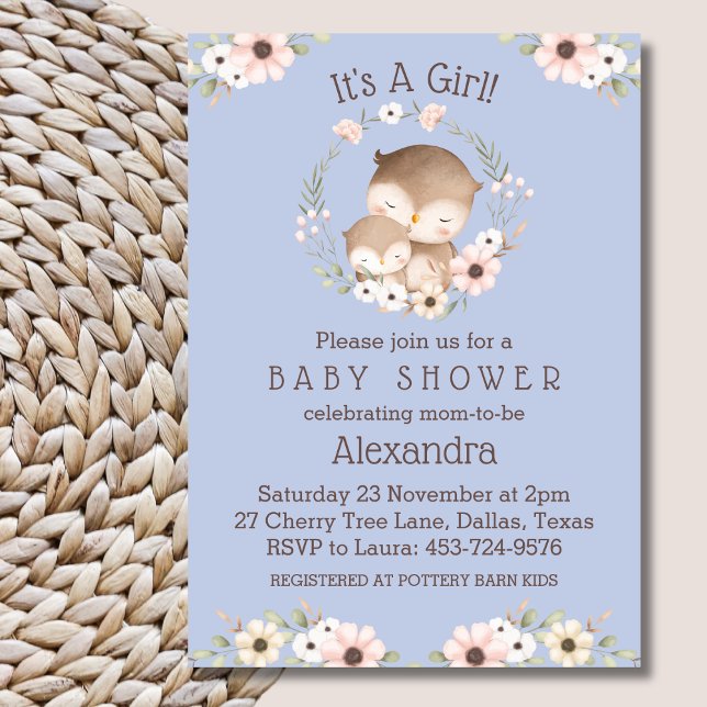 Dusty Blue Floral It's a Girl Owl Baby Shower Invitation (Creator Uploaded)