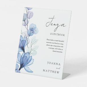 Dusty Blue Floral Jenga Wedding Guestbook Pedestal Sign