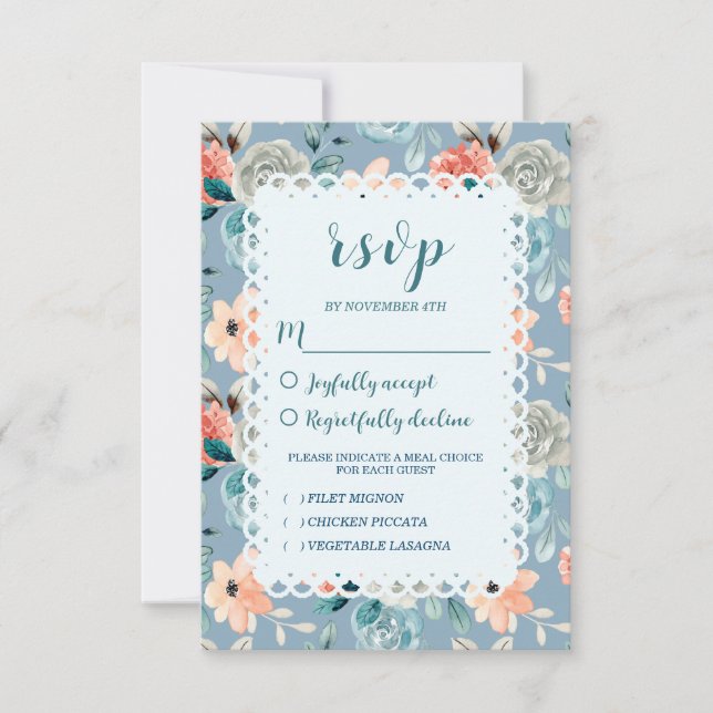 Dusty Blue Floral Lace | Decorative Calligraphy RSVP Card (Front)
