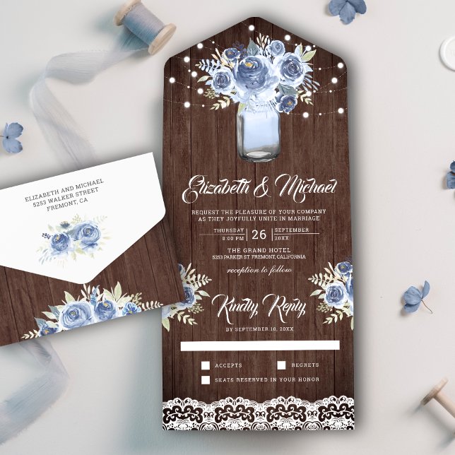 Dusty Blue Floral Lace Mason Jar Barn Wood Wedding All In One Invitation (Creator Uploaded)