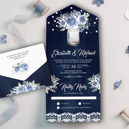 Dusty Blue Floral Lace Mason Jar Navy Blue Wedding All In One Invitation