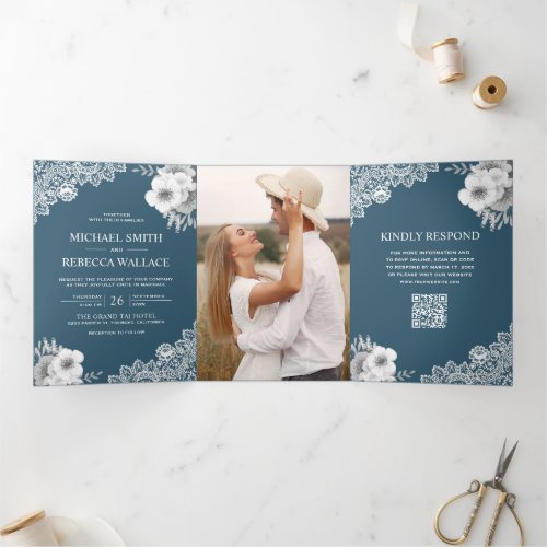 Dusty Blue Floral Lace Photo QR Code Wedding Tri-Fold Invitation