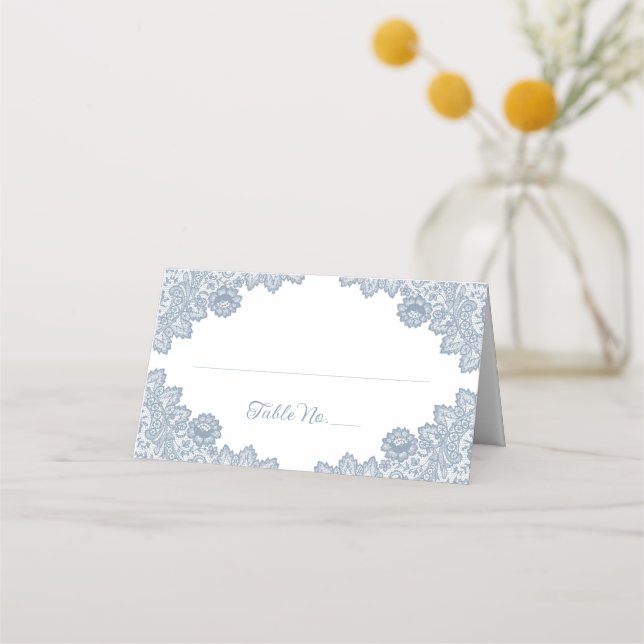 Dusty Blue Floral Lace Wedding Place Card (Front)