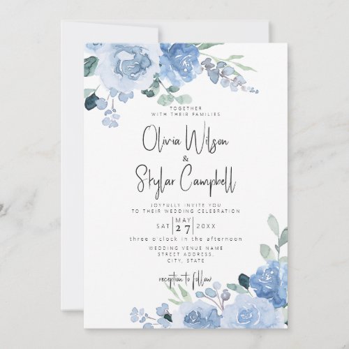 Dusty Blue Floral Light QR Code All in One Wedding Invitation