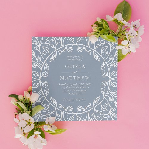 Dusty Blue Floral Line Art Illustration Wedding Invitation