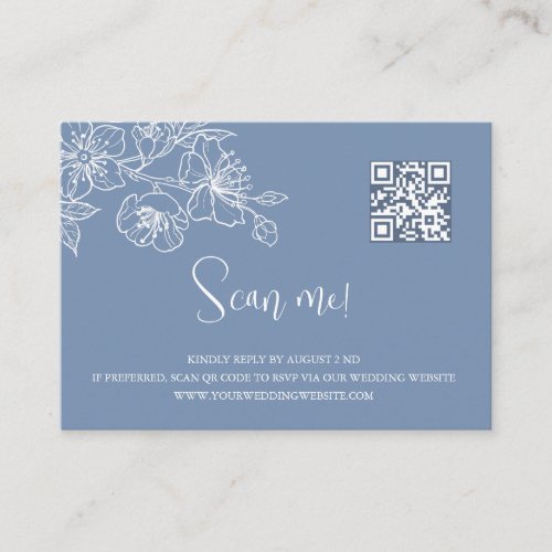 Dusty Blue Floral Line Art QR Code Wedding RSVP  Enclosure Card