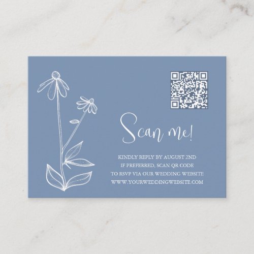 Dusty Blue Floral Line Art  QR Code Wedding RSVP  Enclosure Card