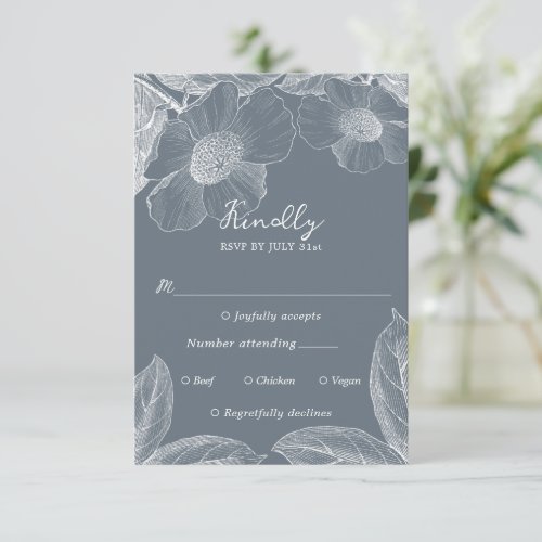 Dusty Blue Floral Line Art RSVP Response Card