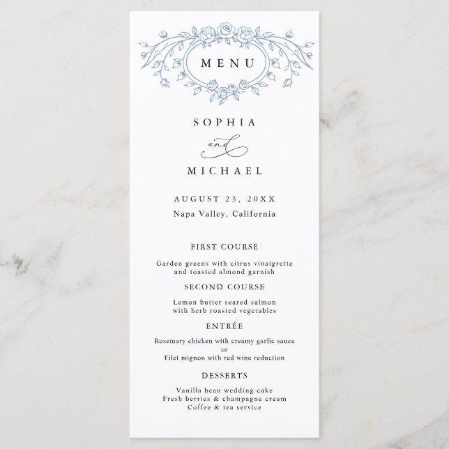 Dusty Blue Floral Line Art Wedding Flat Menu (Front)