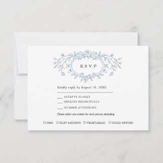 Dusty Blue Floral Line Art Wedding  RSVP Card
