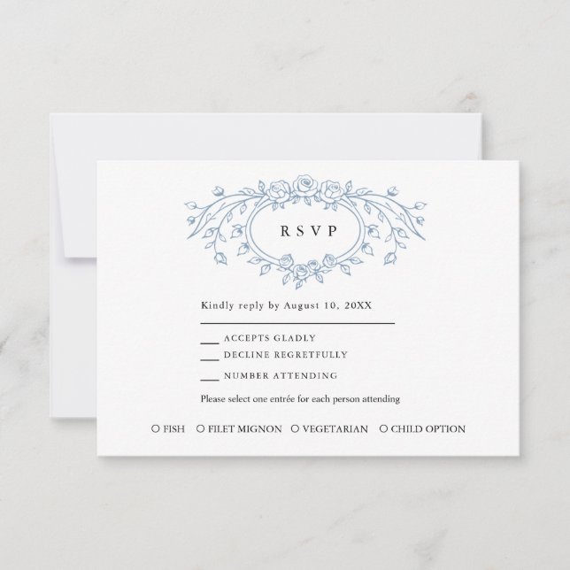 Dusty Blue Floral Line Art Wedding  RSVP Card (Front)
