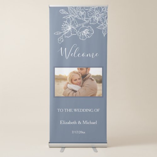 Dusty Blue Floral Line Art  Wedding Welcome Photo Retractable Banner