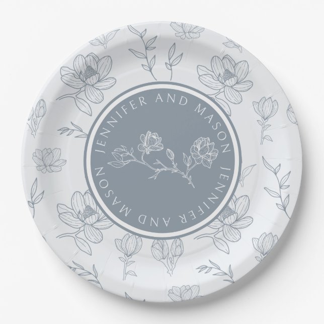 Dusty blue floral magnolia bride groom paper plate (Front)