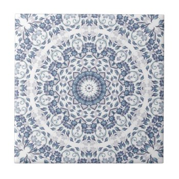 Dusty Blue Floral Mandala Ceramic Tile by NinaBaydur at Zazzle