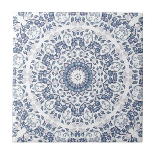 Dusty Blue Floral Mandala Ceramic Tile