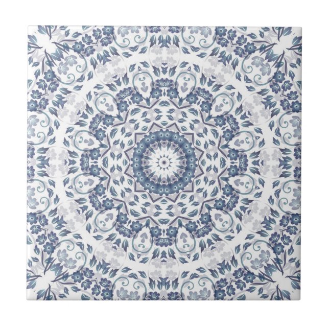 Dusty Blue Floral Mandala Ceramic Tile (Front)
