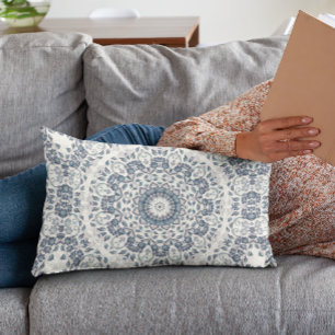 Dusty Blue Floral Mandala Lumbar Pillow