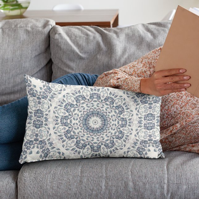 Dusty Blue Floral Mandala Lumbar Pillow (Creator Uploaded)