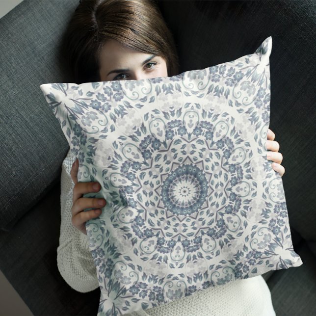 Dusty Blue Floral Mandala Throw Pillow (Creator Uploaded)