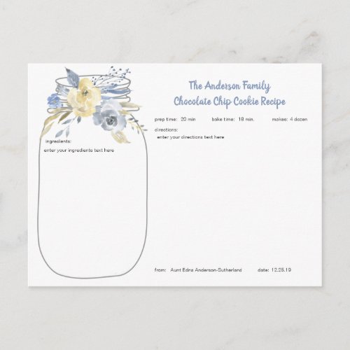 Dusty Blue Floral Mason Jar Family Recipe Cards