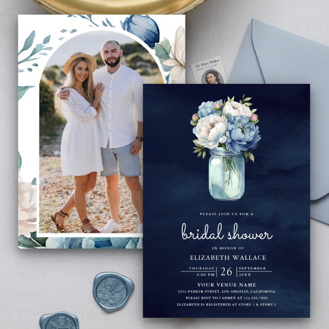 Dusty Blue Floral Mason Jar Navy Bridal Shower Invitation (Creator Uploaded)