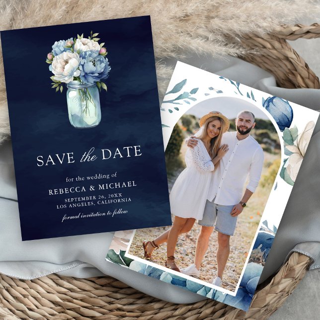 Dusty Blue Floral Mason Jar Navy Photo Wedding Save The Date (Creator Uploaded)
