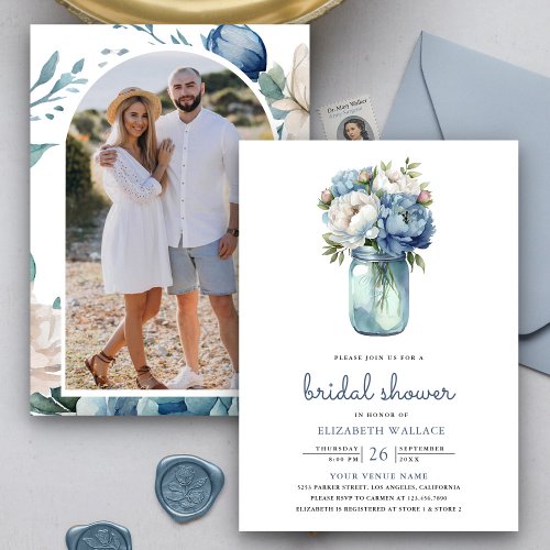 Dusty Blue Floral Mason Jar Photo Bridal Shower Invitation