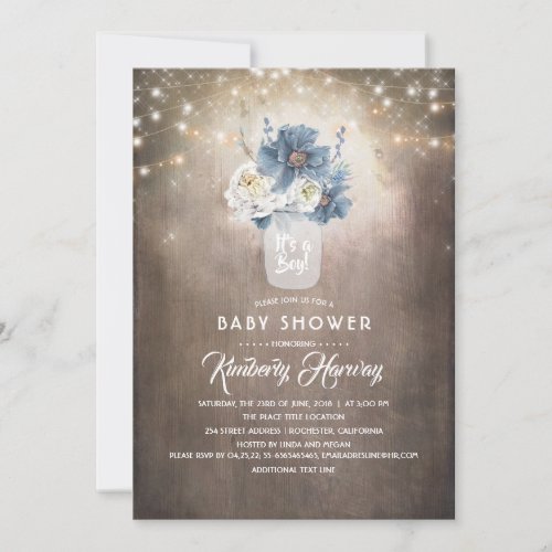 Dusty Blue Floral Mason Jar Rustic Baby Shower Invitation