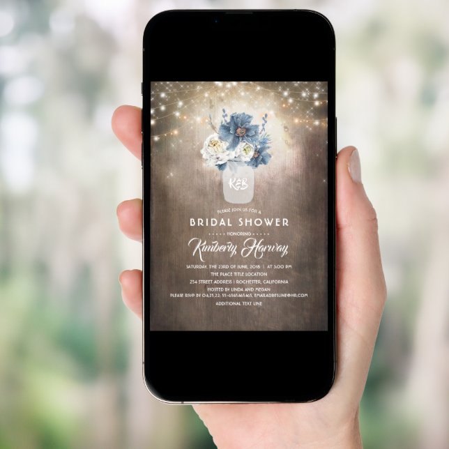 Dusty Blue Floral Mason Jar Rustic Bridal Shower Invitation (Front Digital)