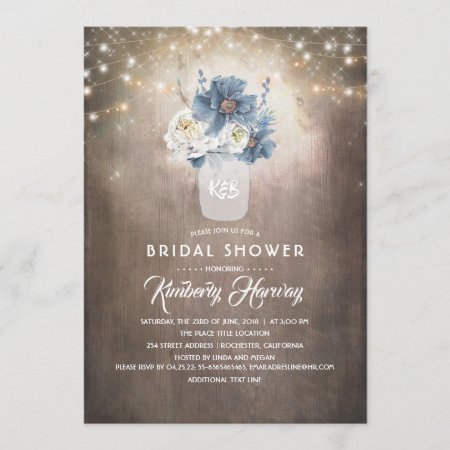 Dusty Blue Floral Mason Jar Rustic Bridal Shower Invitation