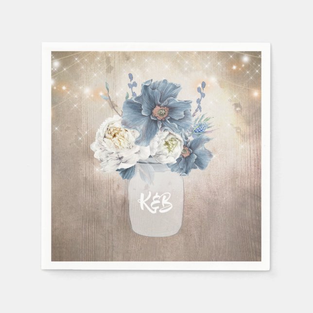 Dusty Blue Floral Mason Jar Rustic Country Napkins (Front)