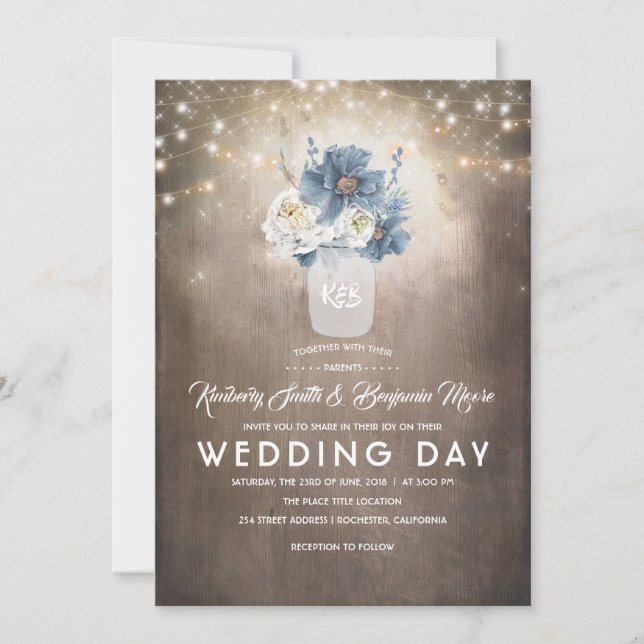 Dusty Blue Floral Mason Jar Rustic Country Wedding Invitation (Front)