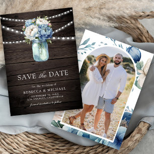 Dusty Blue Floral Mason Jar Wood Photo Wedding Save The Date