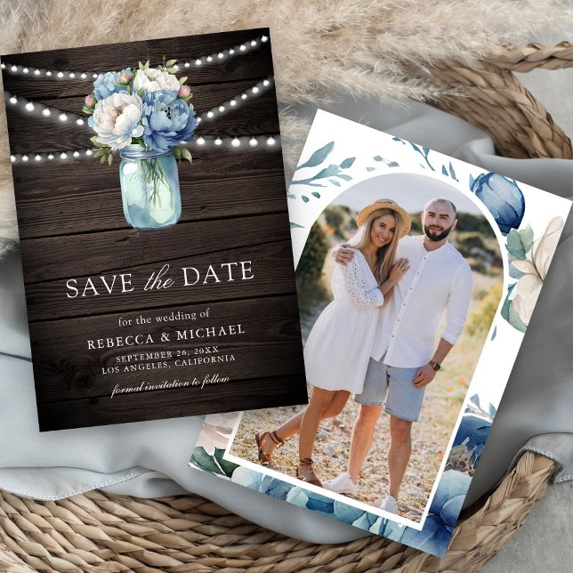 Dusty Blue Floral Mason Jar Wood Photo Wedding Save The Date (Creator Uploaded)