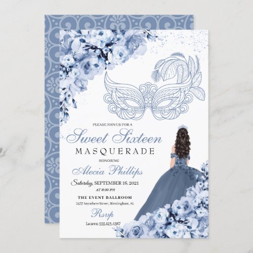 Dusty Blue Floral Masquerade Sweet 16 Invitation