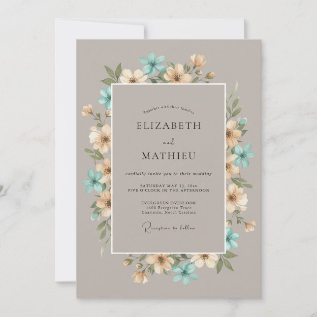 Dusty Blue Floral Meadow Wedding Invitation (Front)