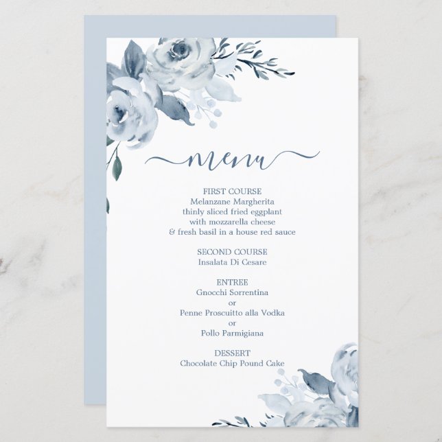 Dusty Blue Floral Menu Card (Front/Back)
