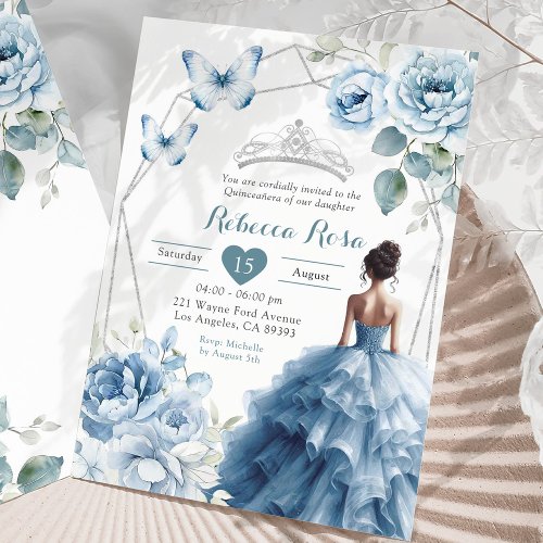 Dusty Blue Floral Mexican Princess Quinceaera Invitation