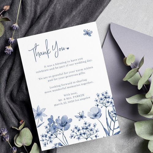 Dusty blue floral minimalist modern wedding  thank you card