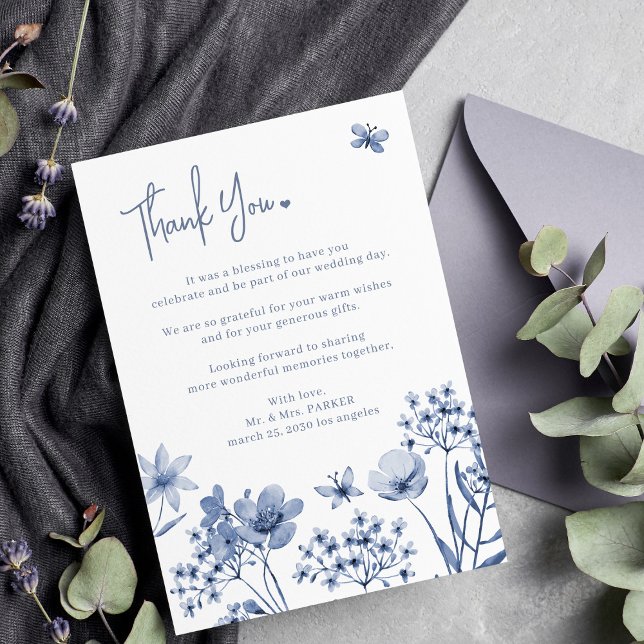 Dusty blue floral minimalist modern wedding  thank you card (Creator Uploaded)
