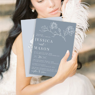 Dusty blue floral minimalist wedding invitation