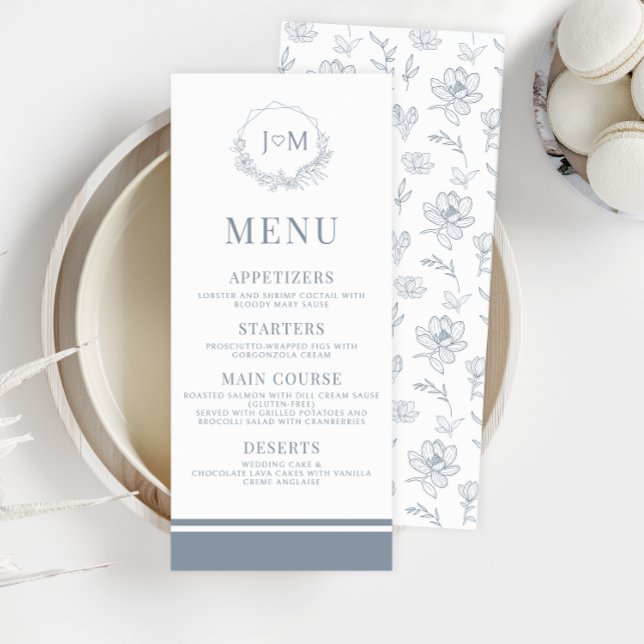Dusty Blue Floral Minimalist Wedding Menu Cards (Creator Uploaded)