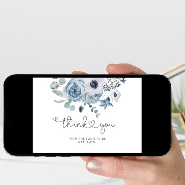 Dusty blue floral minimalist wedding thank you card (Front Digital)