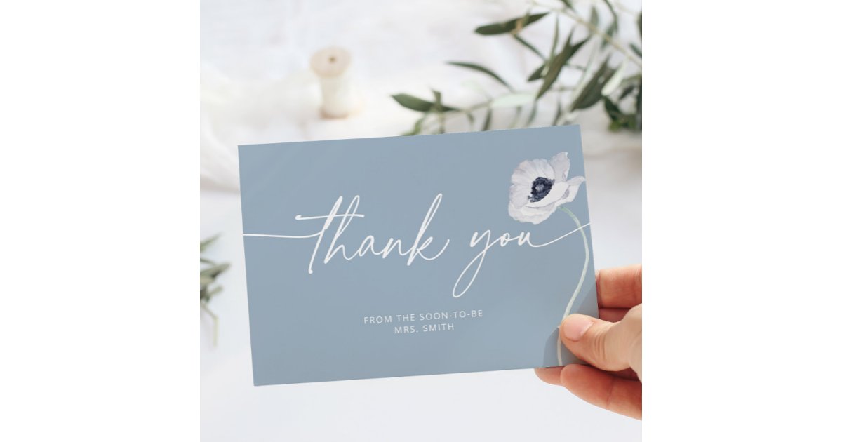 Dusty blue floral minimalist wedding thank you card | Zazzle