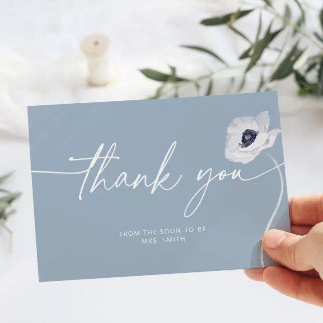 Dusty blue floral minimalist wedding thank you card | Zazzle
