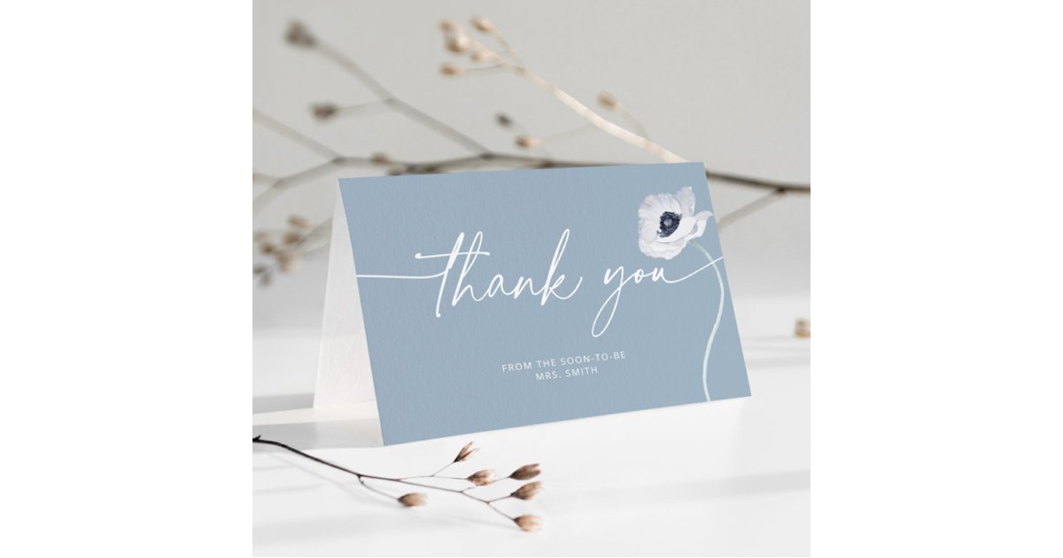 Dusty blue floral minimalist wedding thank you card | Zazzle