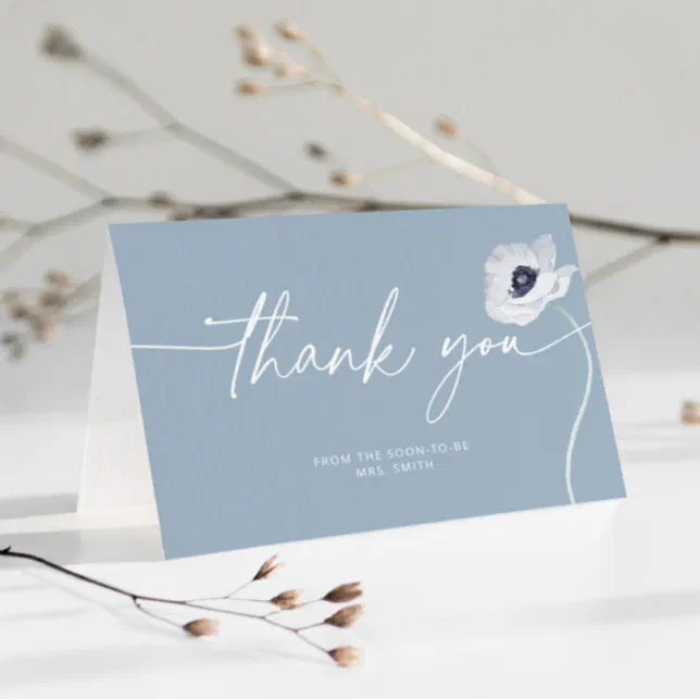 Dusty blue floral minimalist wedding thank you card | Zazzle