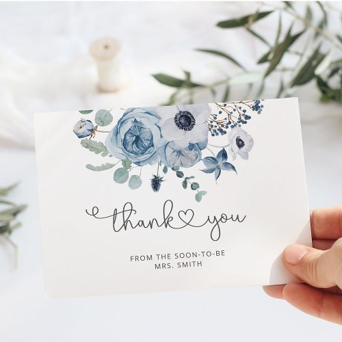 Dusty blue floral minimalist wedding thank you card